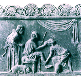 Eurykleia washing Odysseus' feet